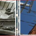 Left panel shows a historic building facade with the inscription 'PACIFIC GAS AND ELECTRIC COMPANY'; decorative carvings below. Right panel shows a wooden utility pole with electrical equipment and overhead wires against a blue sky.