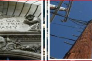 Left panel shows a historic building facade with the inscription 'PACIFIC GAS AND ELECTRIC COMPANY'; decorative carvings below. Right panel shows a wooden utility pole with electrical equipment and overhead wires against a blue sky.