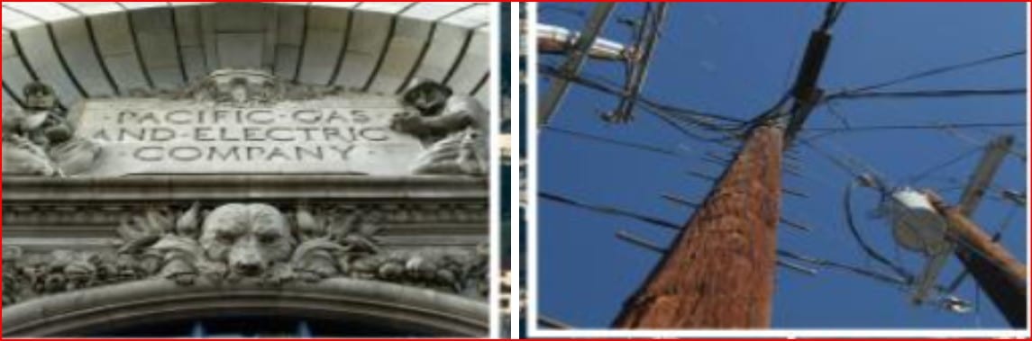 Left panel shows a historic building facade with the inscription 'PACIFIC GAS AND ELECTRIC COMPANY'; decorative carvings below. Right panel shows a wooden utility pole with electrical equipment and overhead wires against a blue sky.