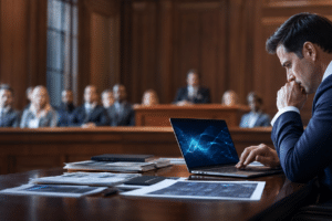 Lawyer in a navy suit sits at a wooden desk in a courtroom, looking at a laptop while papers are spread across the desk.