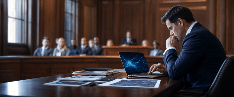 Lawyer in a navy suit sits at a wooden desk in a courtroom, looking at a laptop while papers are spread across the desk.
