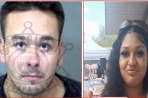 Split image: left shows a mugshot-style photo of a man with a circular watermark overlay; right shows a smiling woman at an outdoor event with sunglasses on her head, nose ring, and heart decals on her cheeks.
