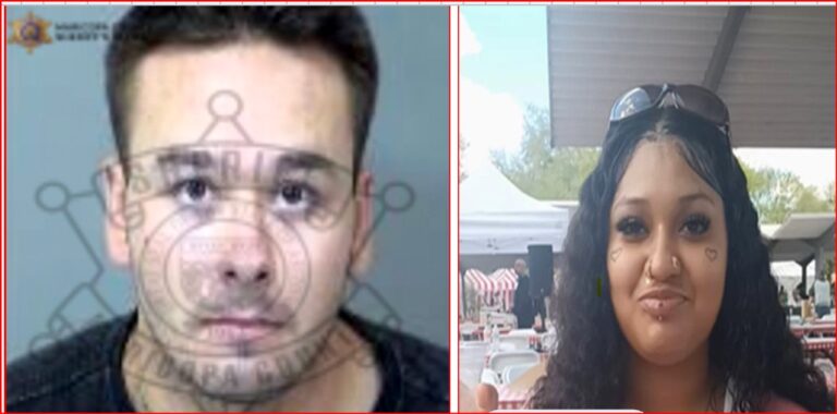 Split image: left shows a mugshot-style photo of a man with a circular watermark overlay; right shows a smiling woman at an outdoor event with sunglasses on her head, nose ring, and heart decals on her cheeks.