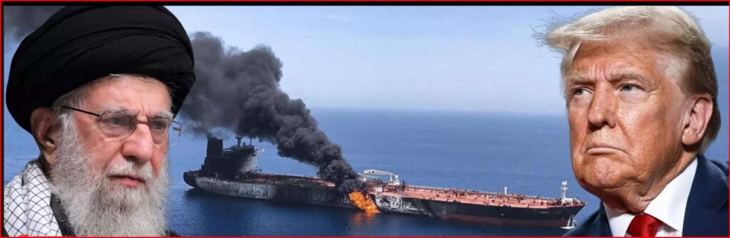 Two men flank a burning ship at sea with thick black smoke rising between them.