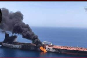 Two men flank a burning ship at sea with thick black smoke rising between them.