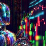 Neon-lit humanoid robot analyzes glowing stock charts and candlestick graphs on a digital screen in vibrant colors.