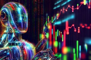 Neon-lit humanoid robot analyzes glowing stock charts and candlestick graphs on a digital screen in vibrant colors.