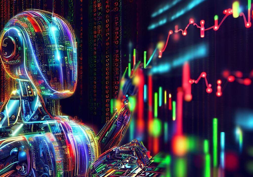Neon-lit humanoid robot analyzes glowing stock charts and candlestick graphs on a digital screen in vibrant colors.