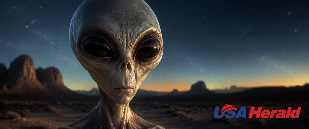 Close-up of a gray alien with large black eyes in a desert at sunset, USA Herald logo in the lower-right corner.