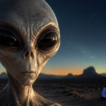 Close-up of a gray alien with large black eyes in a desert at sunset, USA Herald logo in the lower-right corner.