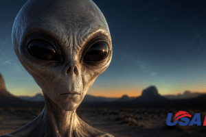 Close-up of a gray alien with large black eyes in a desert at sunset, USA Herald logo in the lower-right corner.
