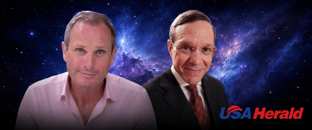 Two men pose together against a starry space backdrop with the USA Herald logo in the bottom right corner.