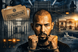 Central portrait of a man in handcuffs amid a collage illustrating extradition: prison bars, an 'EXTRADITION' folder, and luxury buildings and a yacht in the background.