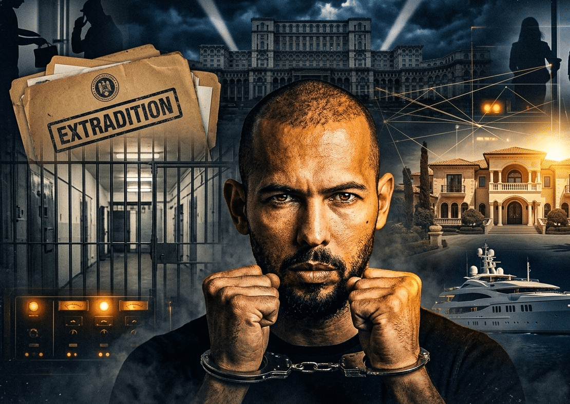 Central portrait of a man in handcuffs amid a collage illustrating extradition: prison bars, an 'EXTRADITION' folder, and luxury buildings and a yacht in the background.