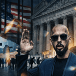 Man wearing sunglasses raises his right hand in front of a courthouse while a masked security officer stands nearby during a protest.