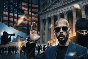 Man wearing sunglasses raises his right hand in front of a courthouse while a masked security officer stands nearby during a protest.