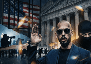Man wearing sunglasses raises his right hand in front of a courthouse while a masked security officer stands nearby during a protest.