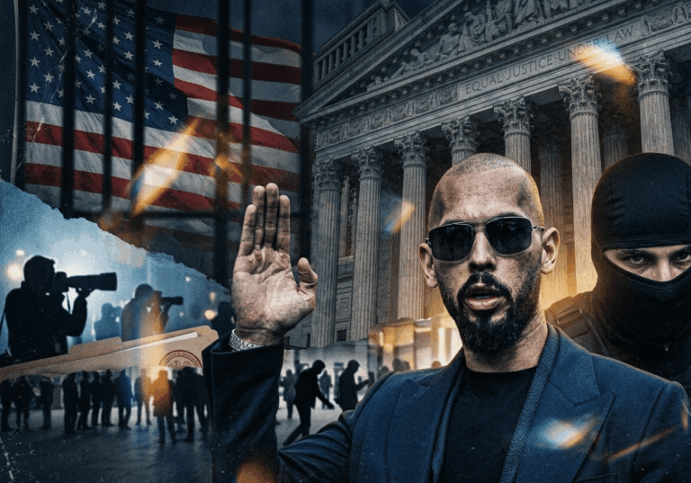 Man wearing sunglasses raises his right hand in front of a courthouse while a masked security officer stands nearby during a protest.