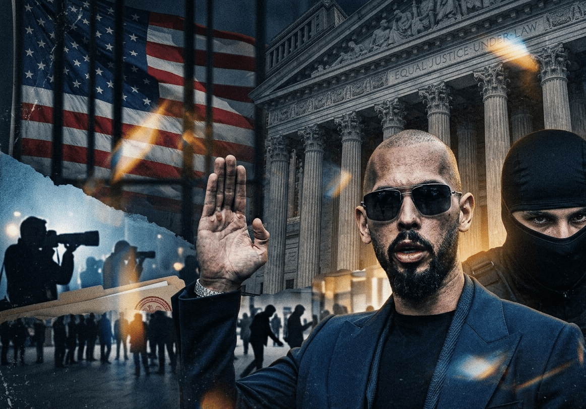 Man wearing sunglasses raises his right hand in front of a courthouse while a masked security officer stands nearby during a protest.