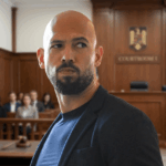 Andrew Tate bald Bearded man in a navy blazer and blue shirt stands in a courtroom, with a judge’s bench and seated audience in the background.