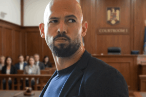 Andrew Tate bald Bearded man in a navy blazer and blue shirt stands in a courtroom, with a judge’s bench and seated audience in the background.