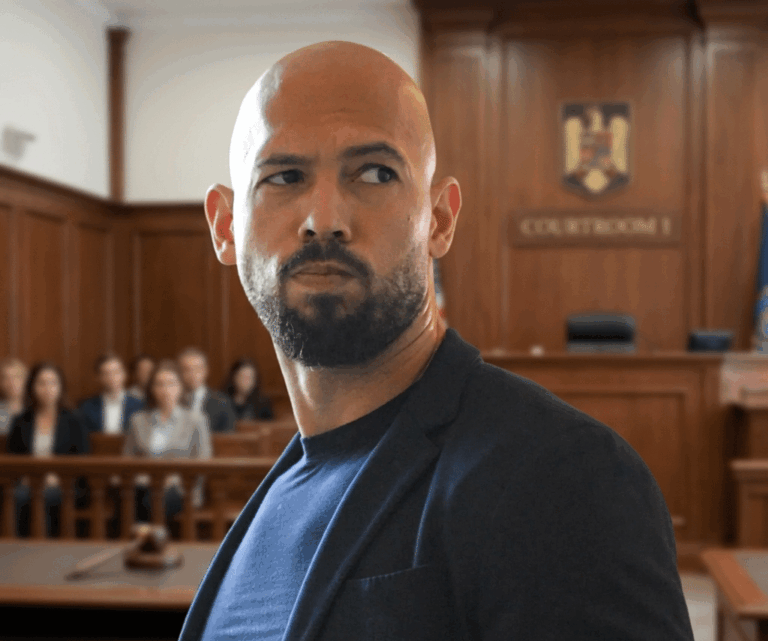 Andrew Tate bald Bearded man in a navy blazer and blue shirt stands in a courtroom, with a judge’s bench and seated audience in the background.