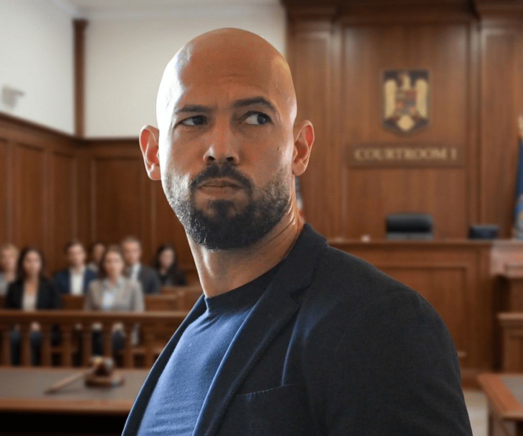Andrew Tate bald Bearded man in a navy blazer and blue shirt stands in a courtroom, with a judge’s bench and seated audience in the background.