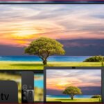 TV and tablet showing a sunset beach scene with a lone tree, framed by a large screen; Apple TV device visible in foreground.