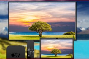 TV and tablet showing a sunset beach scene with a lone tree, framed by a large screen; Apple TV device visible in foreground.