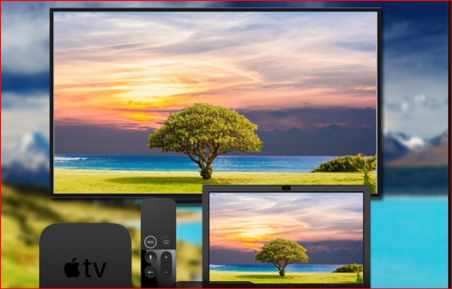 TV and tablet showing a sunset beach scene with a lone tree, framed by a large screen; Apple TV device visible in foreground.
