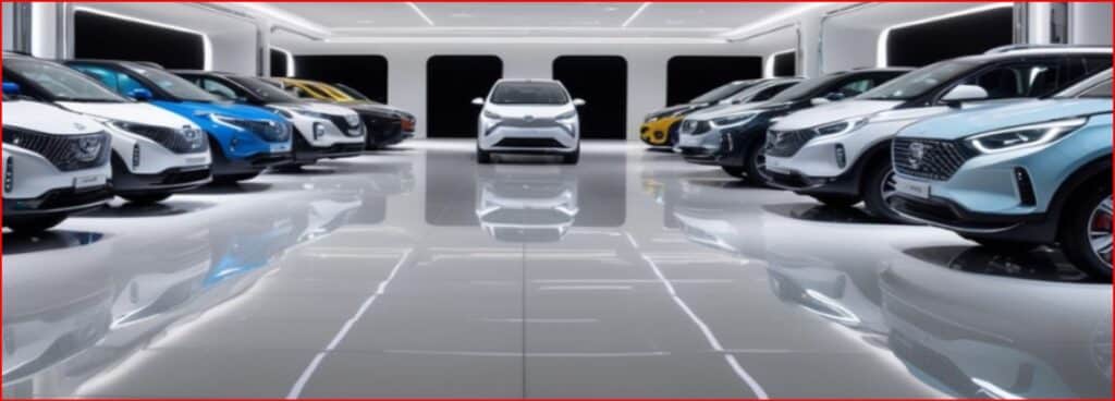 Row of new cars in a showroom with a white car centered in the back, on a glossy floor.