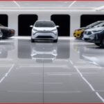 Row of new cars in a showroom with a white car centered in the back, on a glossy floor.