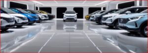 Row of new cars in a showroom with a white car centered in the back, on a glossy floor.