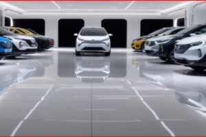 Row of new cars in a showroom with a white car centered in the back, on a glossy floor.