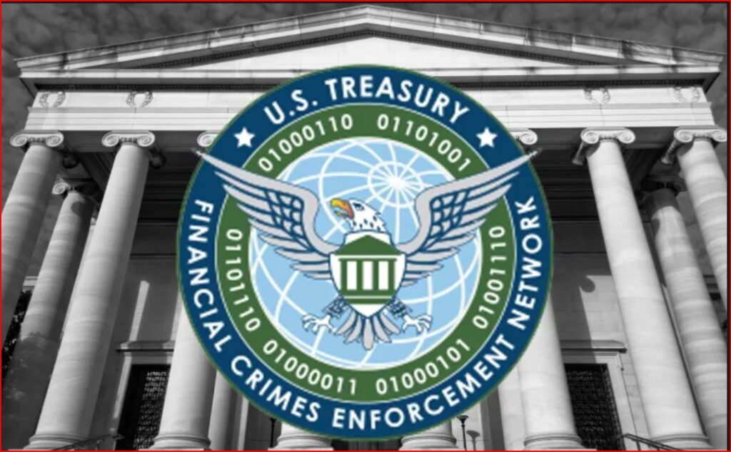 FinCEN seal (U.S. Financial Crimes Enforcement Network) over a neoclassical government building with columns.
