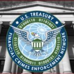 FinCEN seal (U.S. Financial Crimes Enforcement Network) over a neoclassical government building with columns.
