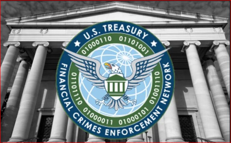 FinCEN seal (U.S. Financial Crimes Enforcement Network) over a neoclassical government building with columns.