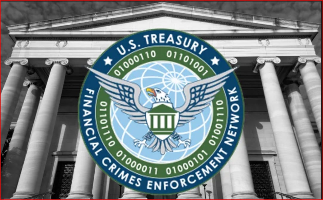 FinCEN seal (U.S. Financial Crimes Enforcement Network) over a neoclassical government building with columns.