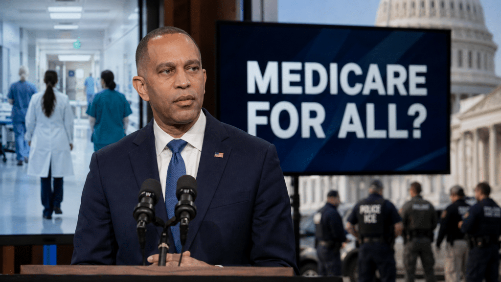 Hakeem Jeffries stands between health care workers and ICE officers beneath a Medicare for All question