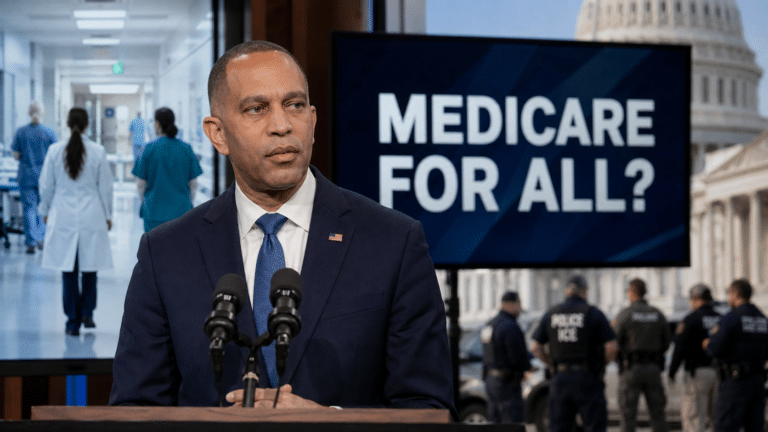 Hakeem Jeffries stands between health care workers and ICE officers beneath a Medicare for All question