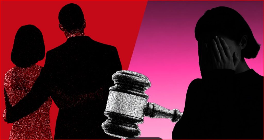 Silhouettes of a couple embracing on the left and a distressed person covering their face on the right, with a large judge's gavel in the foreground suggesting legal action in domestic matters.