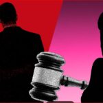 Silhouettes of a couple embracing on the left and a distressed person covering their face on the right, with a large judge's gavel in the foreground suggesting legal action in domestic matters.