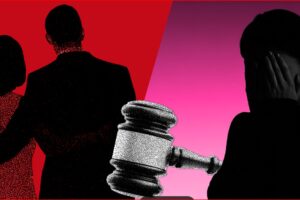 Silhouettes of a couple embracing on the left and a distressed person covering their face on the right, with a large judge's gavel in the foreground suggesting legal action in domestic matters.