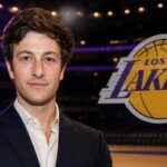 Joshua Kushner pictured beside the Los Angeles Lakers logo in an editorial illustration