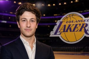 Joshua Kushner pictured beside the Los Angeles Lakers logo in an editorial illustration