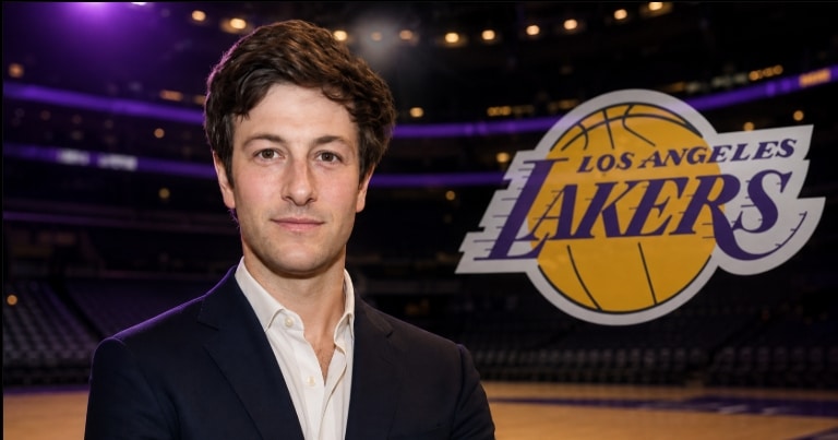 Joshua Kushner pictured beside the Los Angeles Lakers logo in an editorial illustration