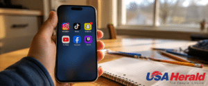 Hand holding a smartphone showing social media icons (Instagram, TikTok, Snapchat, YouTube, Facebook, Twitch) on the home screen, with a notebook and pencils on a desk and a USA Herald logo in the corner.
