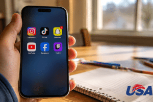 Hand holding a smartphone showing social media icons (Instagram, TikTok, Snapchat, YouTube, Facebook, Twitch) on the home screen, with a notebook and pencils on a desk and a USA Herald logo in the corner.