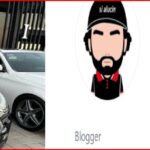 Man in a black shirt and cap leaning against a black car with yellow caution-tape on the hood, next to a social media profile header for cesargastelum_57 with a cartoon avatar.