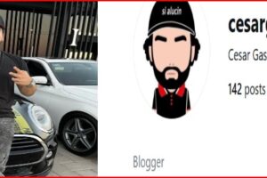Man in a black shirt and cap leaning against a black car with yellow caution-tape on the hood, next to a social media profile header for cesargastelum_57 with a cartoon avatar.